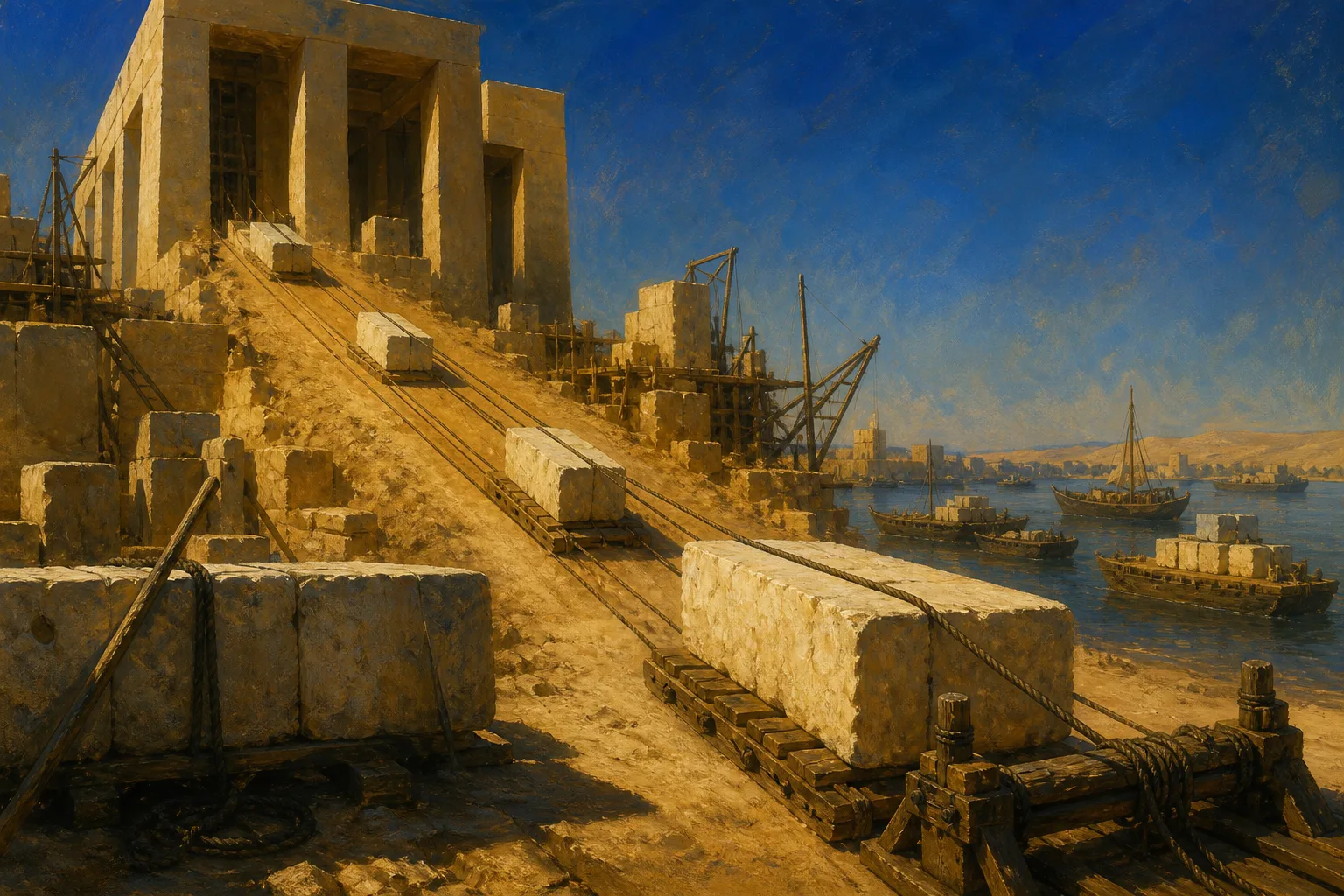 Composição em pedra clara e sombra ocre com a silhueta de um templo à beira do rio
